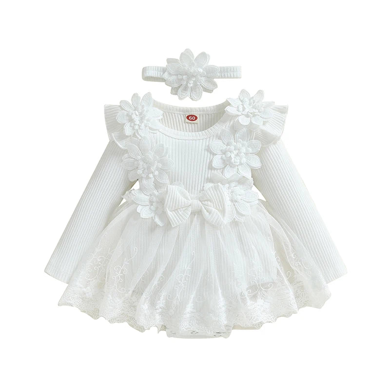 Baby Girl Romper Dress and Headband Set with 3D Flowers, Bow and Mesh Skirt, Long Sleeve Ribbed Cotton-Blend Outfit in Five Colors, 3M-18M