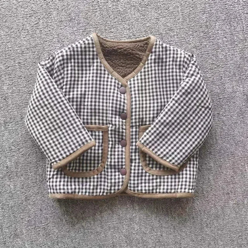 Toddler Reversible Plaid Jacket with Plush Reverse, V-Neck Snap Front and Patch Pockets, Brown or Beige Kids Fall Winter Layer, Sizes 12M-6T