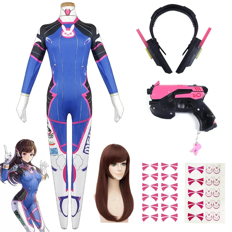 D.va Cosplay Costume and Accessory Options for Women, Blue Character Jumpsuit, Wig, Headset and Prop Selections for Halloween and Conventions