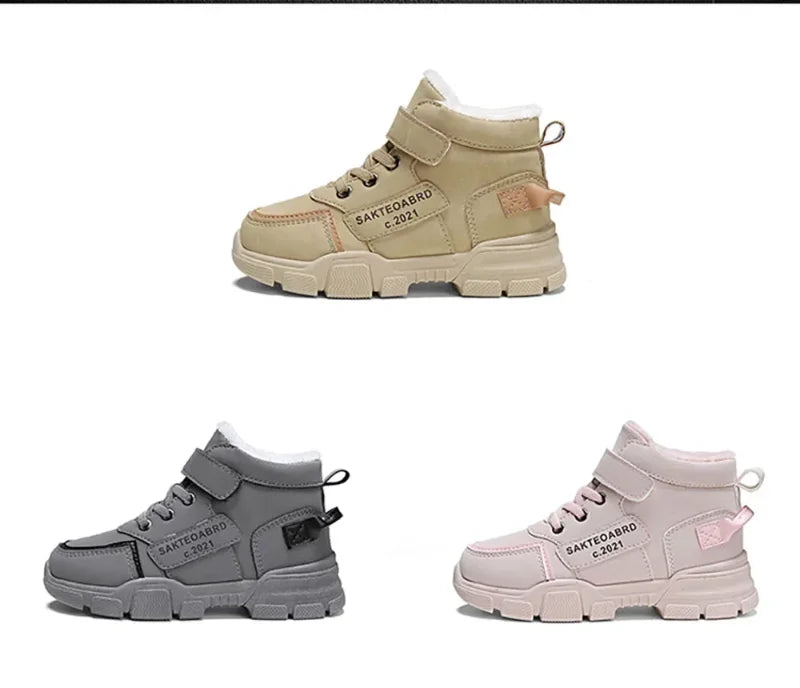 Kids Plush-Lined Winter Boots with Hook-and-Loop Ankle Strap and Lace-Up Front, Gray or Khaki High-Top Casual Shoes with Chunky Sole in Sizes 26–37
