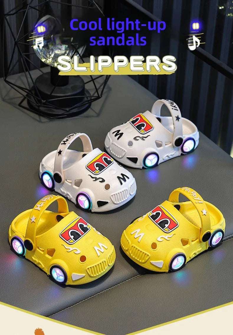 Kids Light-Up Car Clogs with Glowing Wheel Details, Ventilated Closed-Toe Design and Pivoting Heel Strap for Playful Summer Casual Outfits