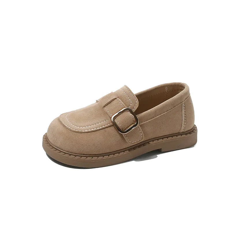 Girls Buckle Loafers with Rounded Toe and Stitched Detail, Brown or Khaki Casual Flats for School Outfits, Spring and Fall Days