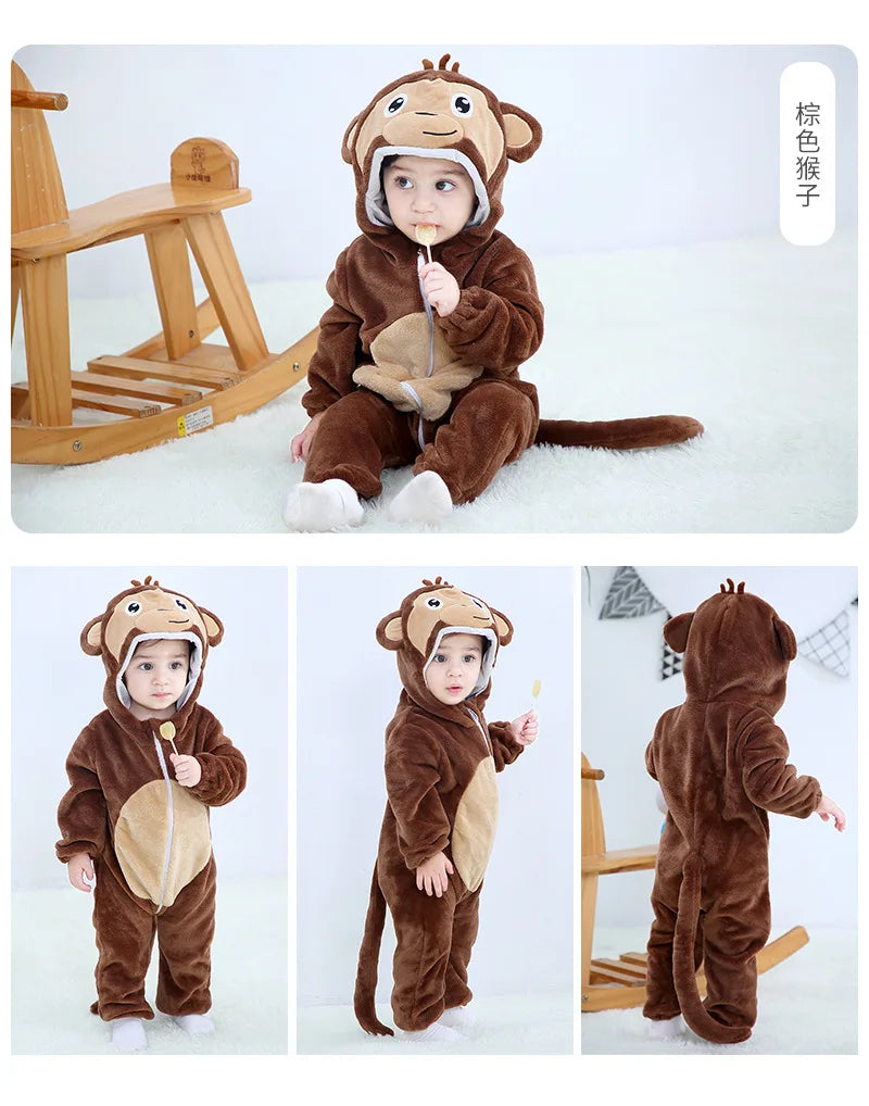 Animal Kigurumi Costume for Babies and Toddlers, Hooded Flannel Jumpsuit with Long Sleeves for Halloween Dress-Up and Family Photos