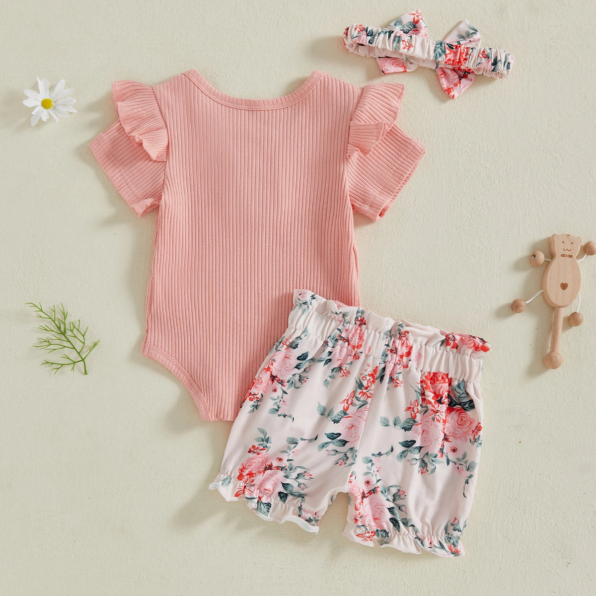 Baby Girl Summer Outfit Set, 3-Piece Ribbed Short Sleeve Romper with Floral or Cow Print Bow Shorts and Matching Headband, 0-18 Months