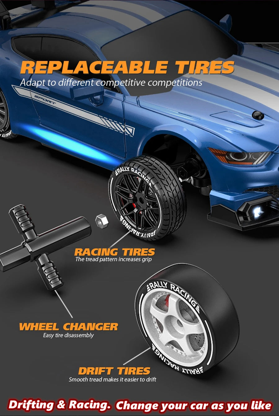 RC Drift Racing Car with 4WD, 2.4GHz Proportional Remote Control, LED Lights and Replaceable Racing and Drift Tires for Kids and Adults