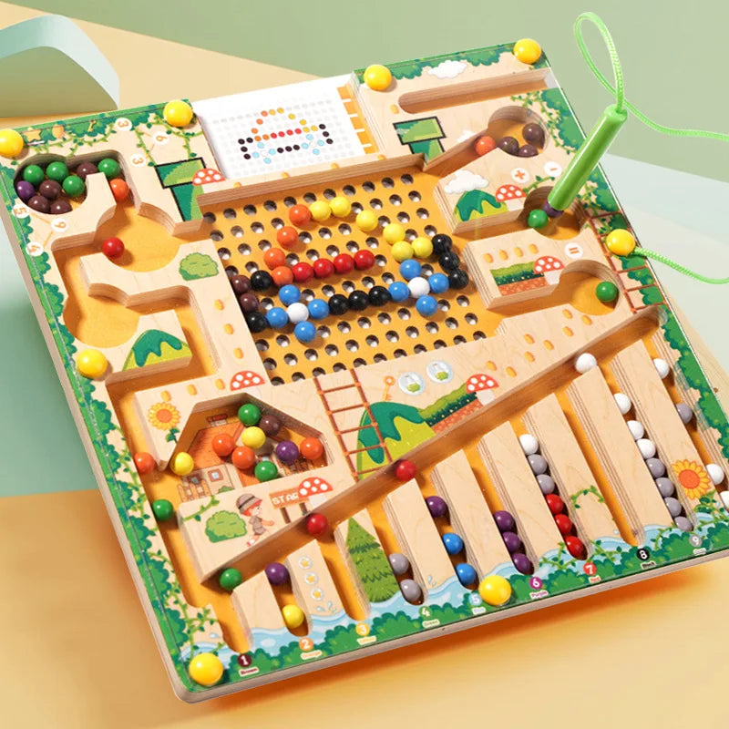 Magnetic Color Sorting Maze Board, Wooden Bead Puzzle with Tethered Wand for Montessori-Inspired Color Matching, Counting and Route Planning