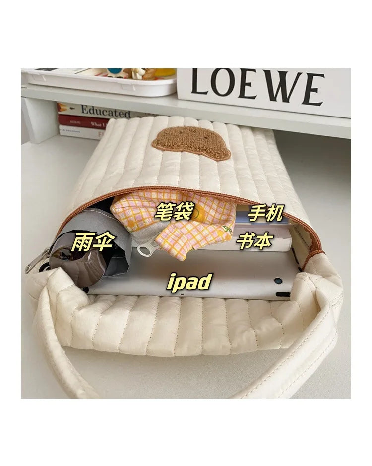 Quilted Diaper Bag with Bear Applique, Beige Cotton Zippered Baby Essentials Organizer with Carry Handle for Moms and Everyday Outings