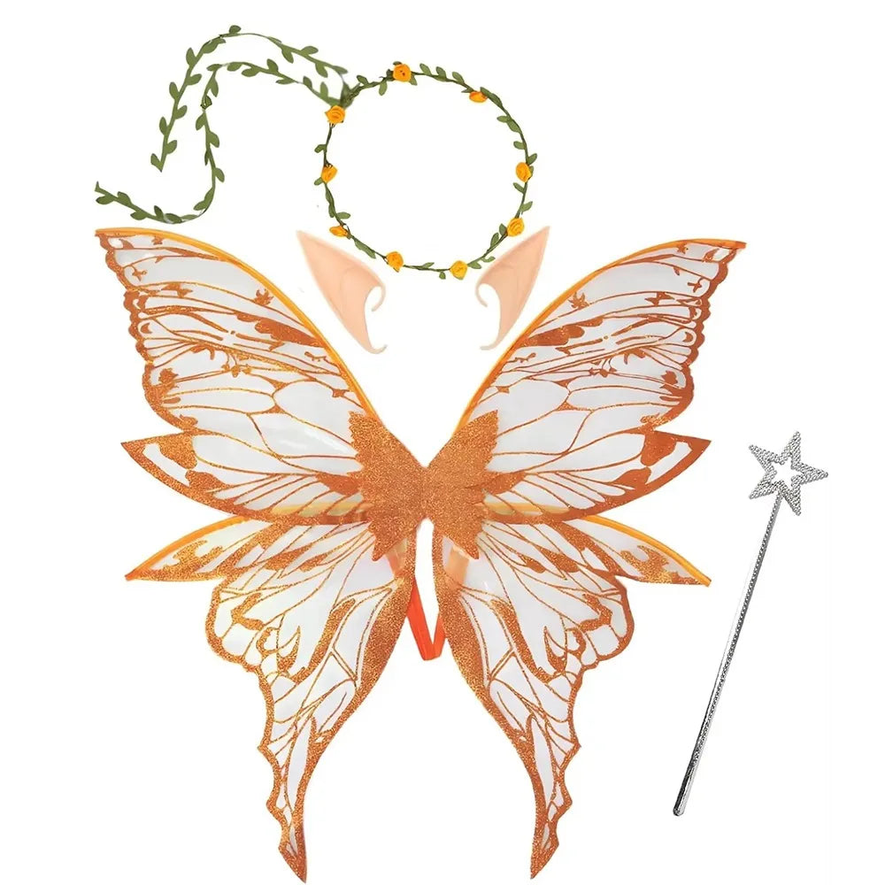 Fairy Wings Costume Set with Organza Butterfly Wings, Elf Ears, Floral Wreath and Star Wand for Halloween, Fantasy Parties and Dress-Up