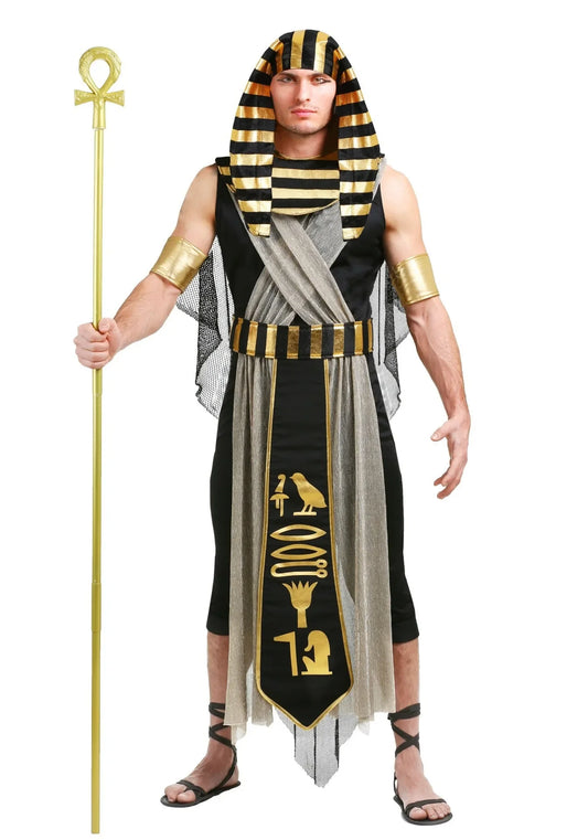 Egyptian Pharaoh and Cleopatra Costume Styles for Adults, Gold and Black Royal-Inspired Outfits with Headwear and Belt for Halloween Parties