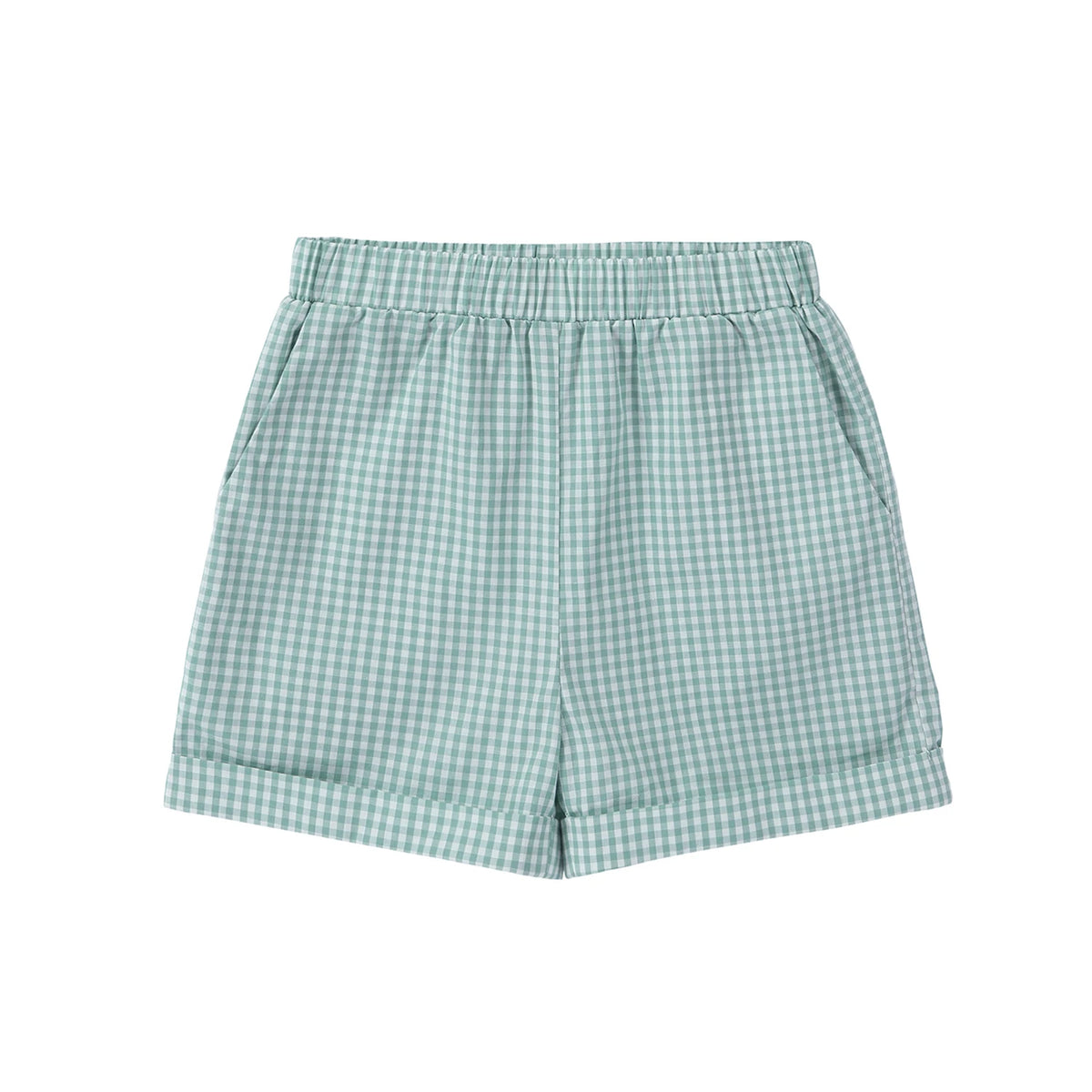 Sage Green Gingham Kids Outfits with Cotton Girls Dress and Baby Romper Options, Lyocell Knit Layers and Boys Separates for Sibling Family Photos