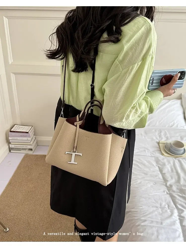 Diaper Tote Bag with Leather-Look Finish, Top Handles and Long Shoulder Strap, Vintage-Style Baby Essentials Handbag for Moms and Everyday Outings
