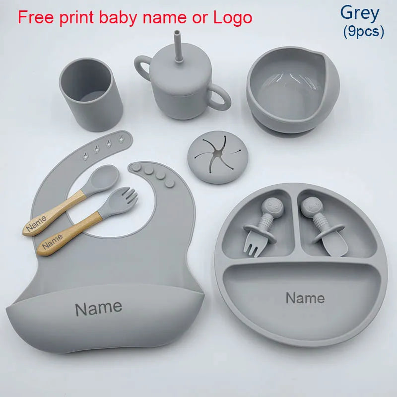 Nine-Piece Personalized Silicone Feeding Set with Suction Bowl, Divided Plate, Pocket Bib, Cups and Utensils for Supervised Baby Mealtimes