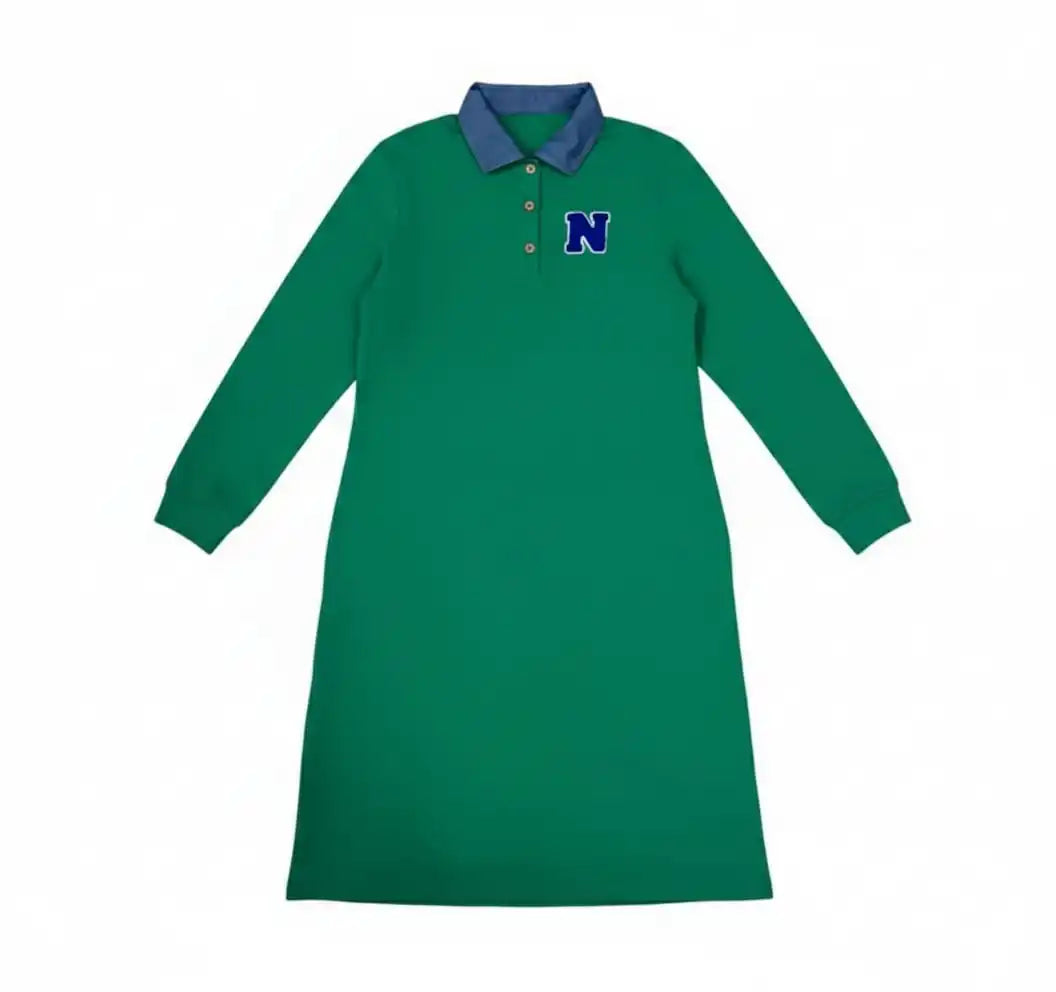 Green Polo Kids Outfits with Navy Letter Patch, Coordinating Girls Dresses, Boys Shirts and Shorts and Baby Girl Set Styles for Family Photos