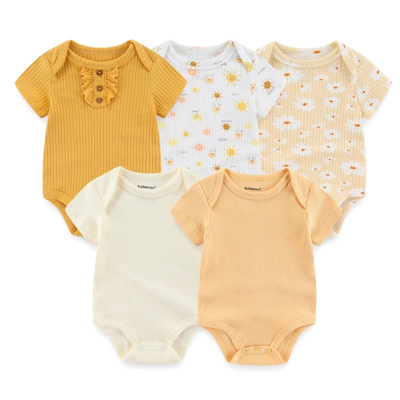 Cotton Baby Bodysuit Set of 5, Short Sleeve and Sleeveless Infant Clothing Styles with Solid Colors and Prints for Boys and Girls, 3M-12M