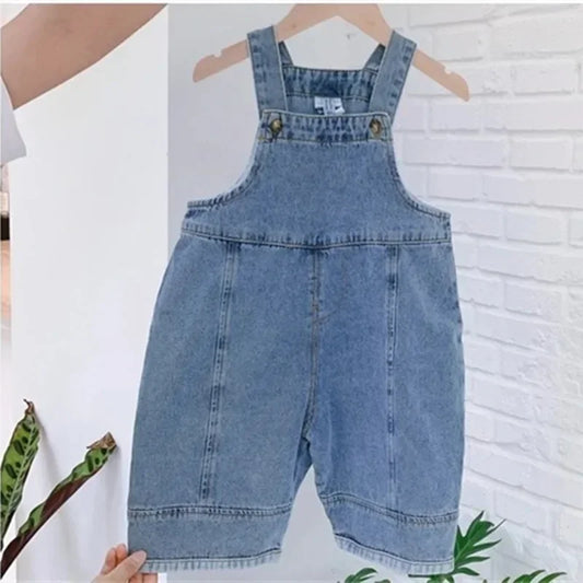 Wide Leg Denim Overalls for Kids, Blue Bib Dungarees with Button Shoulder Straps and Front Patch Pockets, Girls and Boys Sizes 12M-6T