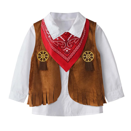 Western Cowboy Costume for Boys with Fringe Vest, Hat and Cow-Print Chaps, 4 or 5 Piece Dress-Up Options for Halloween and Birthday Parties
