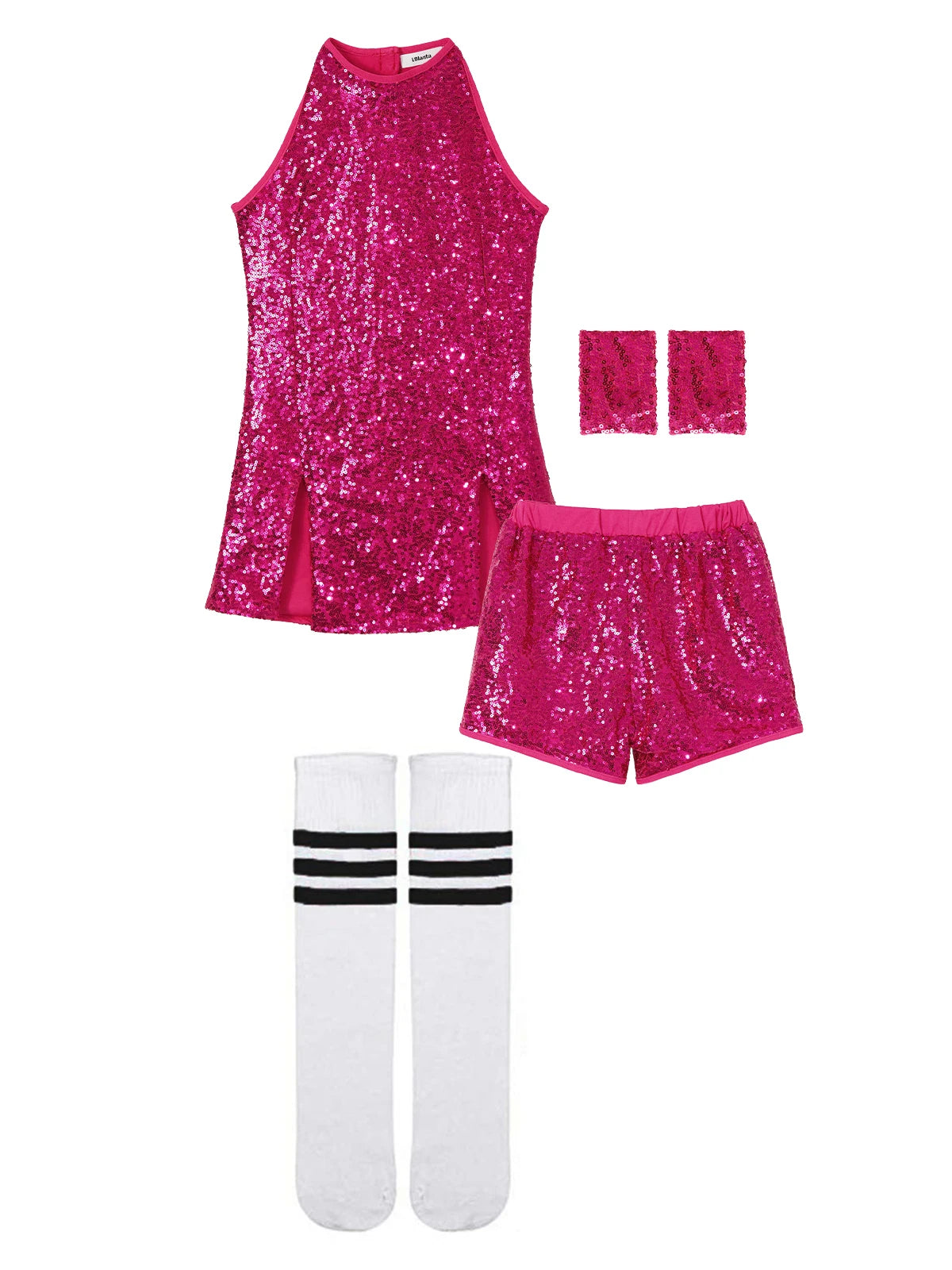 Girls Sequin Jazz Dance Costume with Sleeveless A-Line Dress, Shorts, Socks and Wristbands, Sparkly Hip Hop Stage Outfit for Ages 4-12