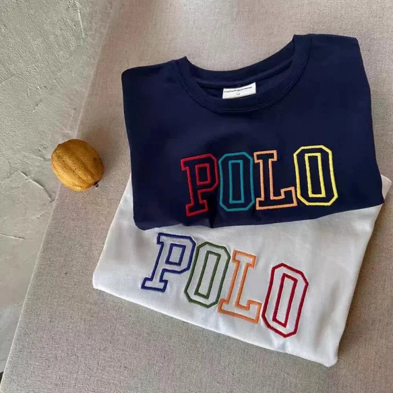 Kids Letter Print T-Shirt in Cotton with Colorful Outlined Graphic, Short Sleeve Crewneck Summer Top for Casual Outfits and Family Outings