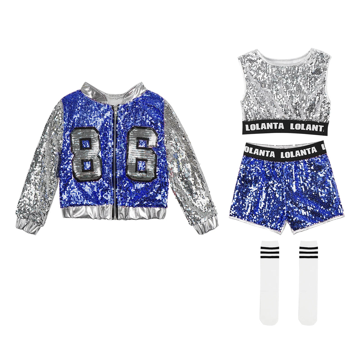 Girls Sequin Hip Hop Dance Costume Set with Metallic Trim Jacket, Crop Top, Shorts and Striped Socks for Jazz Recitals and Stage Performances