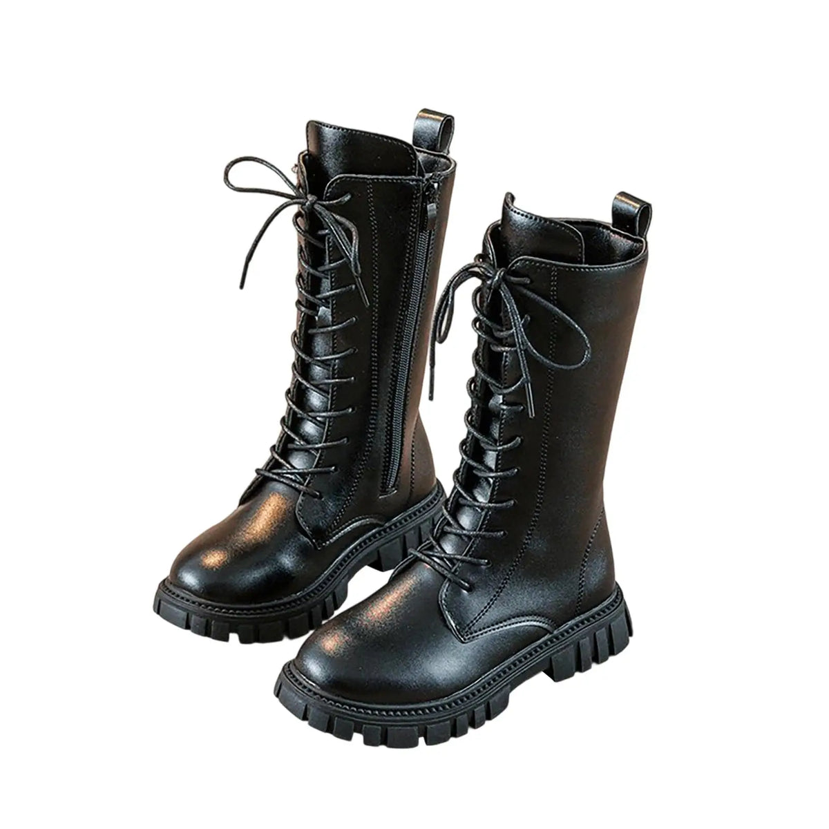 Girls Mid-Calf Lace-Up Boots with Side Zippers, Chunky Lug-Style Soles and Back Pull Tabs, Fall Winter Fashion Footwear in Sizes 27-36