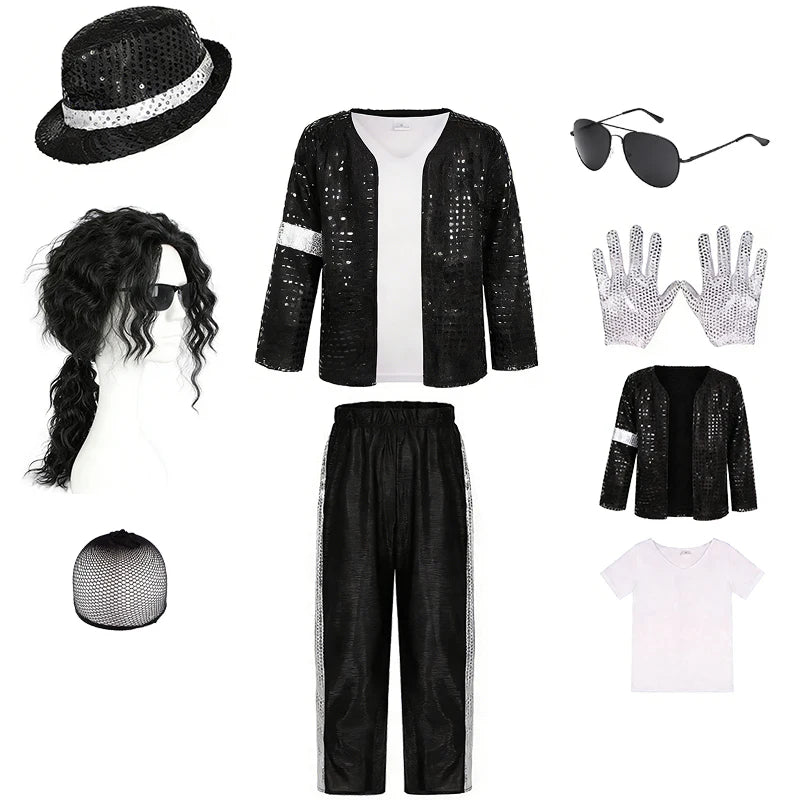 Kids Pop Star Costume with Black Sequin Jacket and Pants Set Options, Retro Dance Performance Outfit for Halloween and Parties, Sizes S-XL