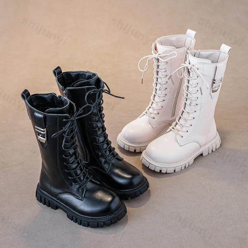 Girls Buckle Detail Tall Boots with Lace-Up Front and Side Zippers, Chunky Lug-Style Soles and Round Toes for Casual Fall Outfits