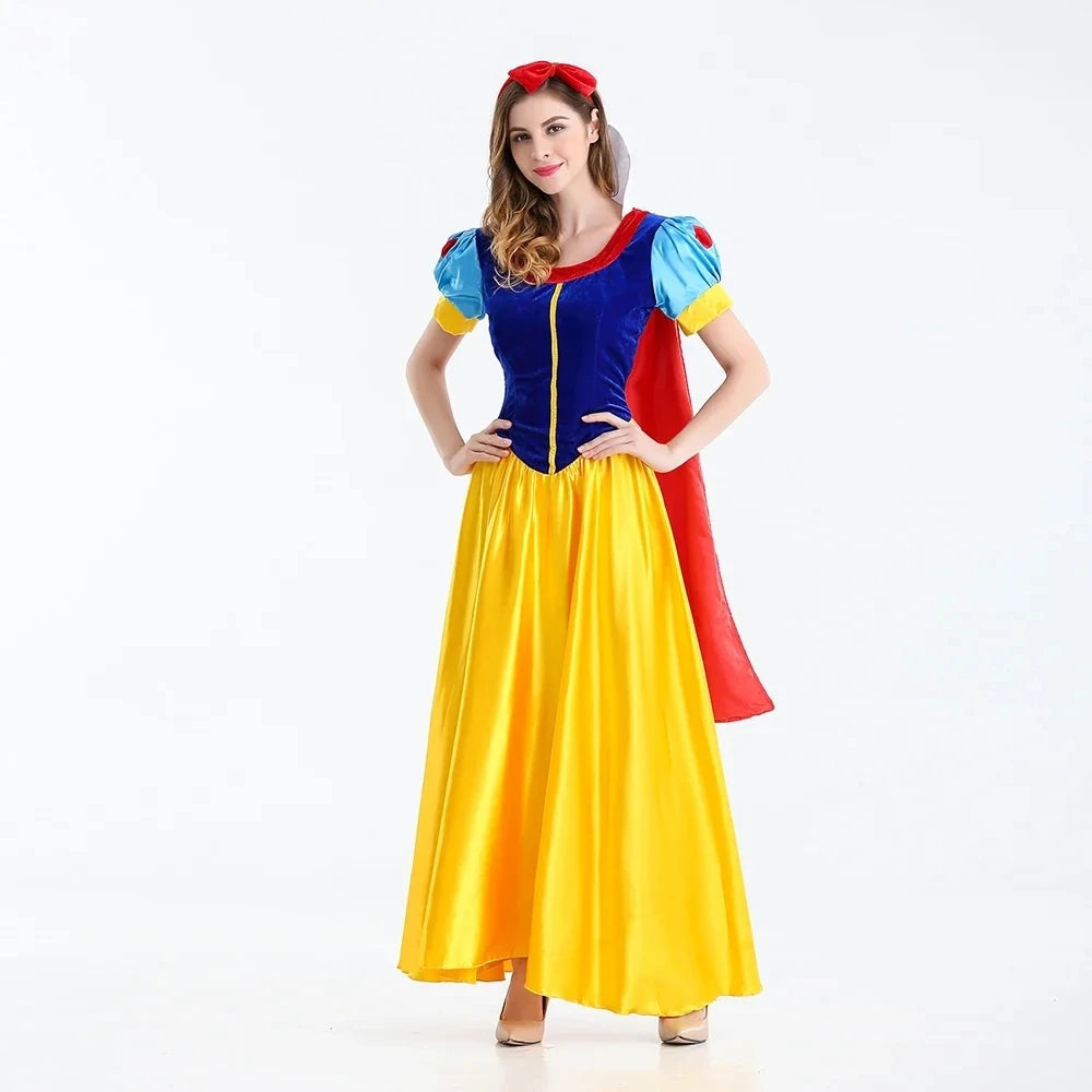 Snow White Costume for Women with Blue Bodice, Yellow Long Skirt and Puff Sleeves, Adult Princess Dress for Halloween and Fairy Tale Cosplay