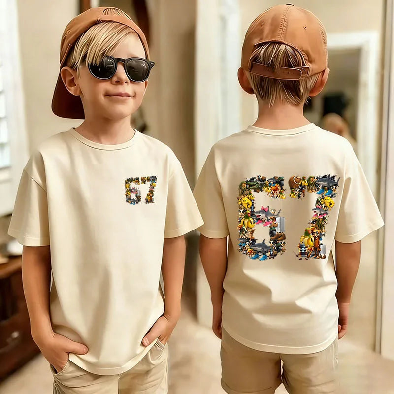Six Seven Kids T-Shirt with Funny 67 Number Graphic, Short Sleeve Summer Top for Boys and Girls, Casual Playdate Outfits and Birthday Fan Gifts