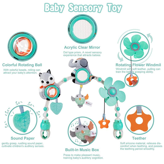 Musical Baby Toy Arch with Animal Rattle, Mirror and Spinning Windmill, Foldable Clip-On Sensory Activity Bar for Compatible Strollers