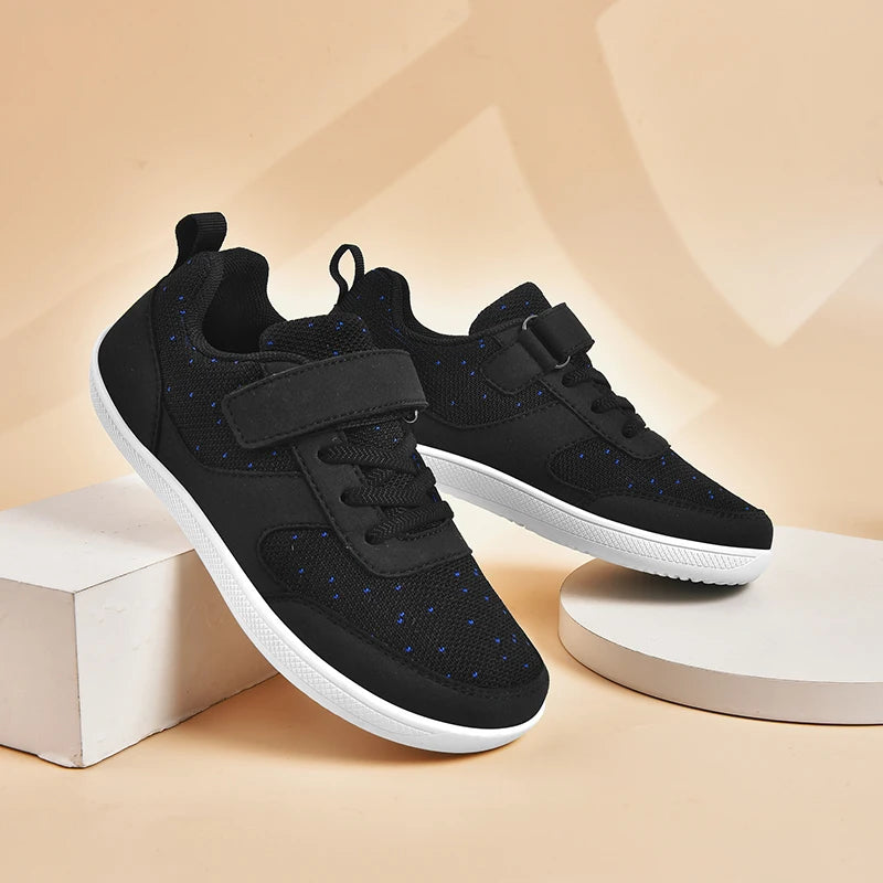 Kids Breathable Mesh Walking Shoes with Wide Toe Design, Hook-and-Loop Strap and Textured EVA Soles in Blue, Black, Pink or Grey