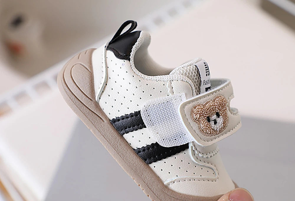 Toddler Bear Sneakers with Hook-and-Loop Strap, Perforated Upper and Striped Sides, Baby Boys and Girls Casual Shoes in Black Gold or Red, Sizes 16-25