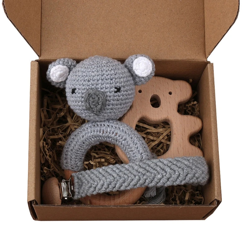 Crochet Animal Rattle Set with Wooden Ring and Coordinating Accessories, Rabbit, Deer and More Designs for Supervised Play and Baby Shower Gifts