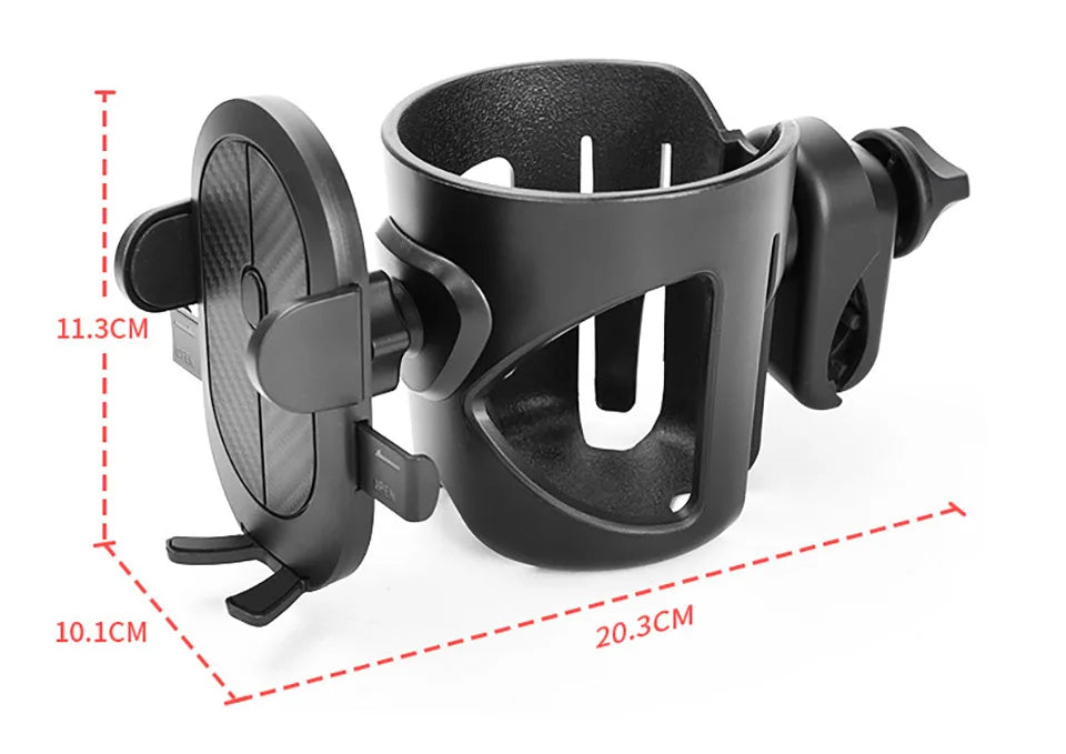 Stroller Drink and Phone Holder with Handlebar Clamp, Black Cup and Bottle Organizer with Separate Phone Cradle for Parent Walks and Family Outings