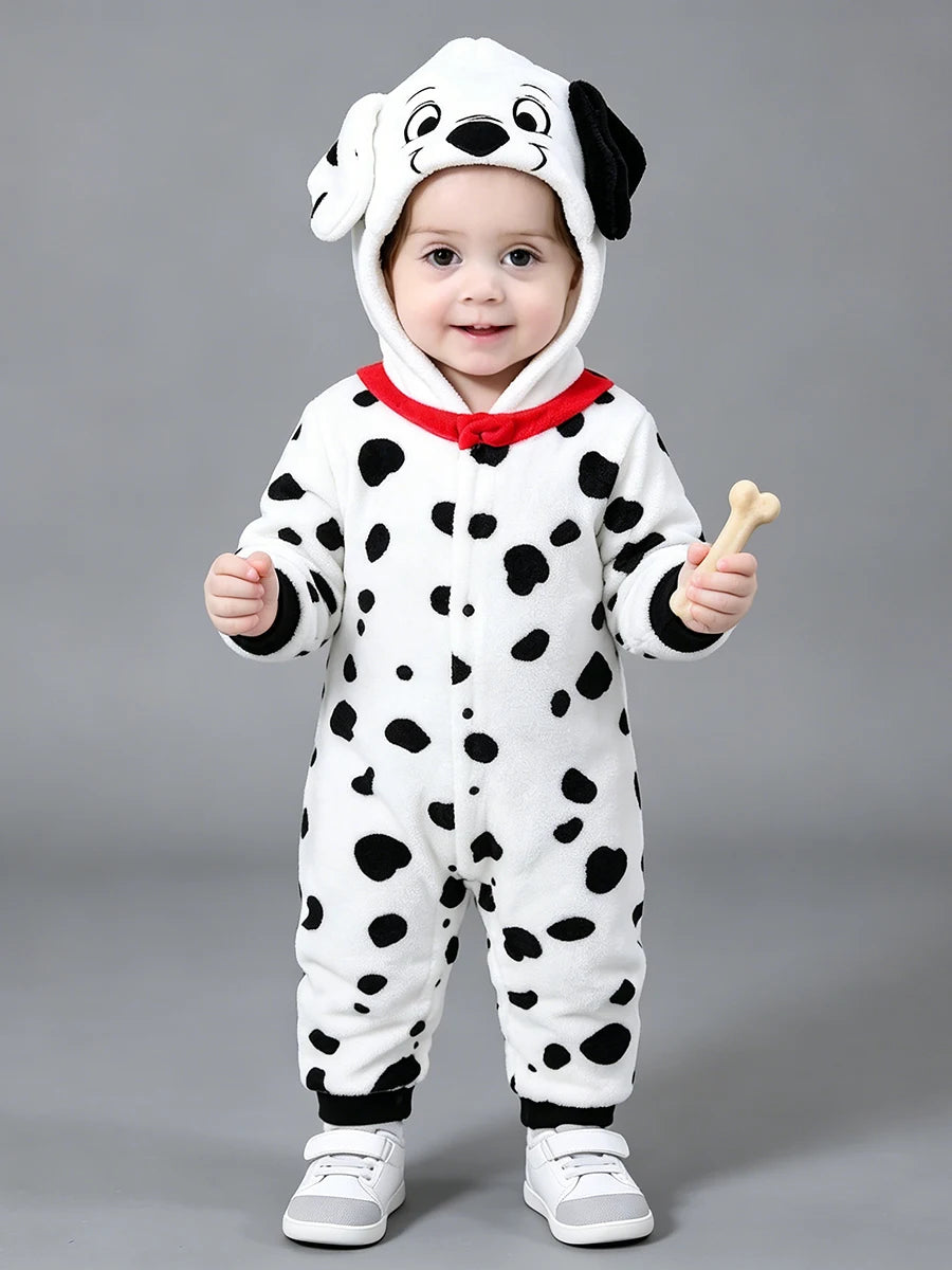 Baby Dalmatian Costume with Puppy Hood, Flannel Animal Jumpsuit for Infants and Toddlers, Halloween Dress-Up and Photo Outfits