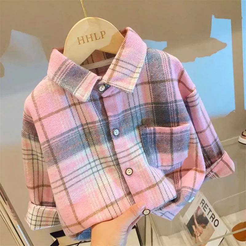 Plaid Kids Long Sleeve Button-Down Shirt with Classic Collar, Retro Casual Layering Top for Boys and Girls, Size Labels 90-150 cm