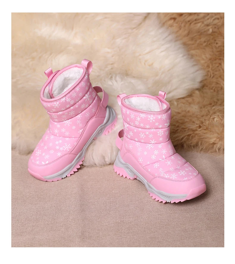 Snowflake Print Kids Winter Boots with Padded Shafts, Pull Tabs and Chunky Tread Soles, Pink Snow-Style Footwear for Boys and Girls