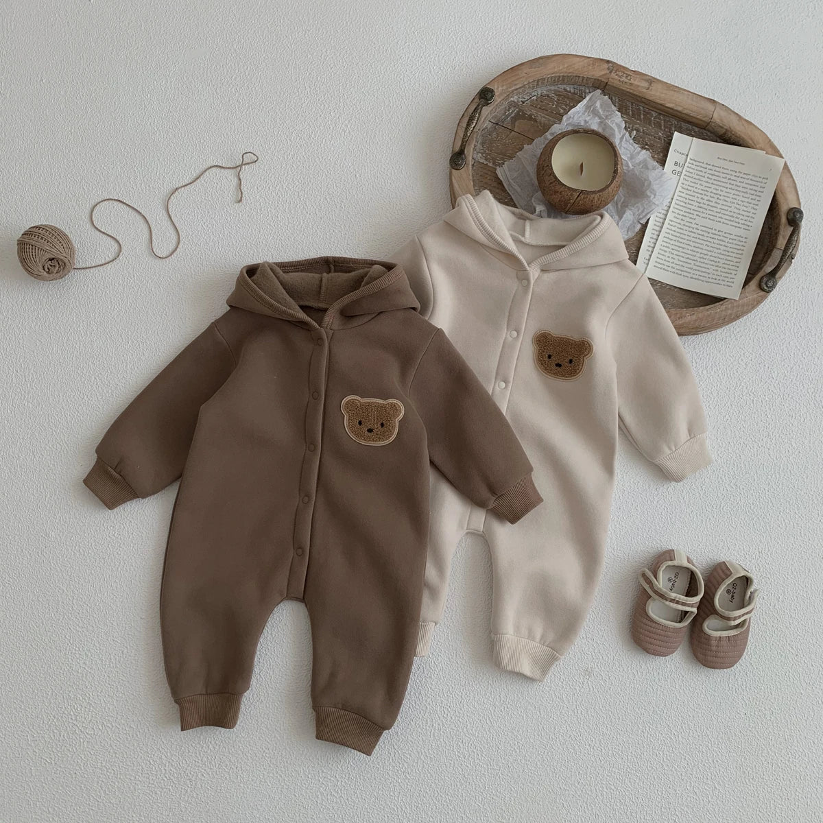 Baby Hooded Snap Front Jumpsuit with Bear Patch, Long Sleeve One-Piece Outfit in Coffee or Beige for Boys and Girls, Sizes 3M-18M