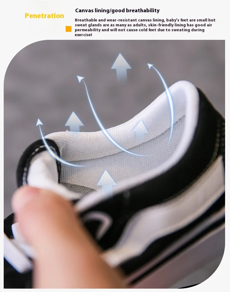 Kids Low-Top Canvas Shoes in Black and White with Hook-and-Loop Strap, Lace Detail and Contrast Side Stripe for Everyday Casual Outfits