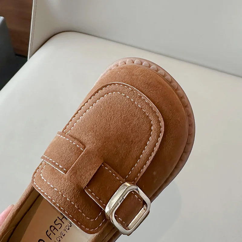 Girls Buckle Loafers with Rounded Toe and Stitched Detail, Brown or Khaki Casual Flats for School Outfits, Spring and Fall Days