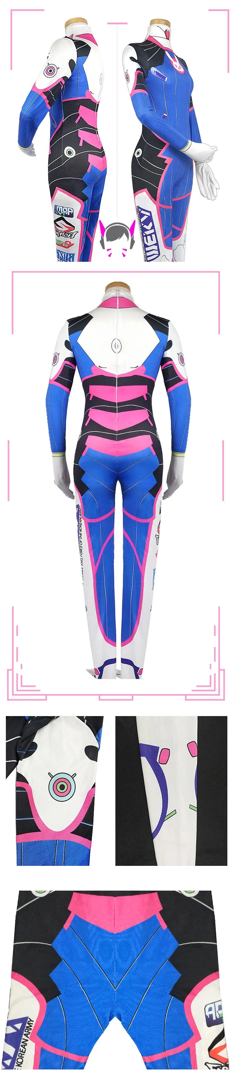 D.va Cosplay Costume and Accessory Options for Women, Blue Character Jumpsuit, Wig, Headset and Prop Selections for Halloween and Conventions