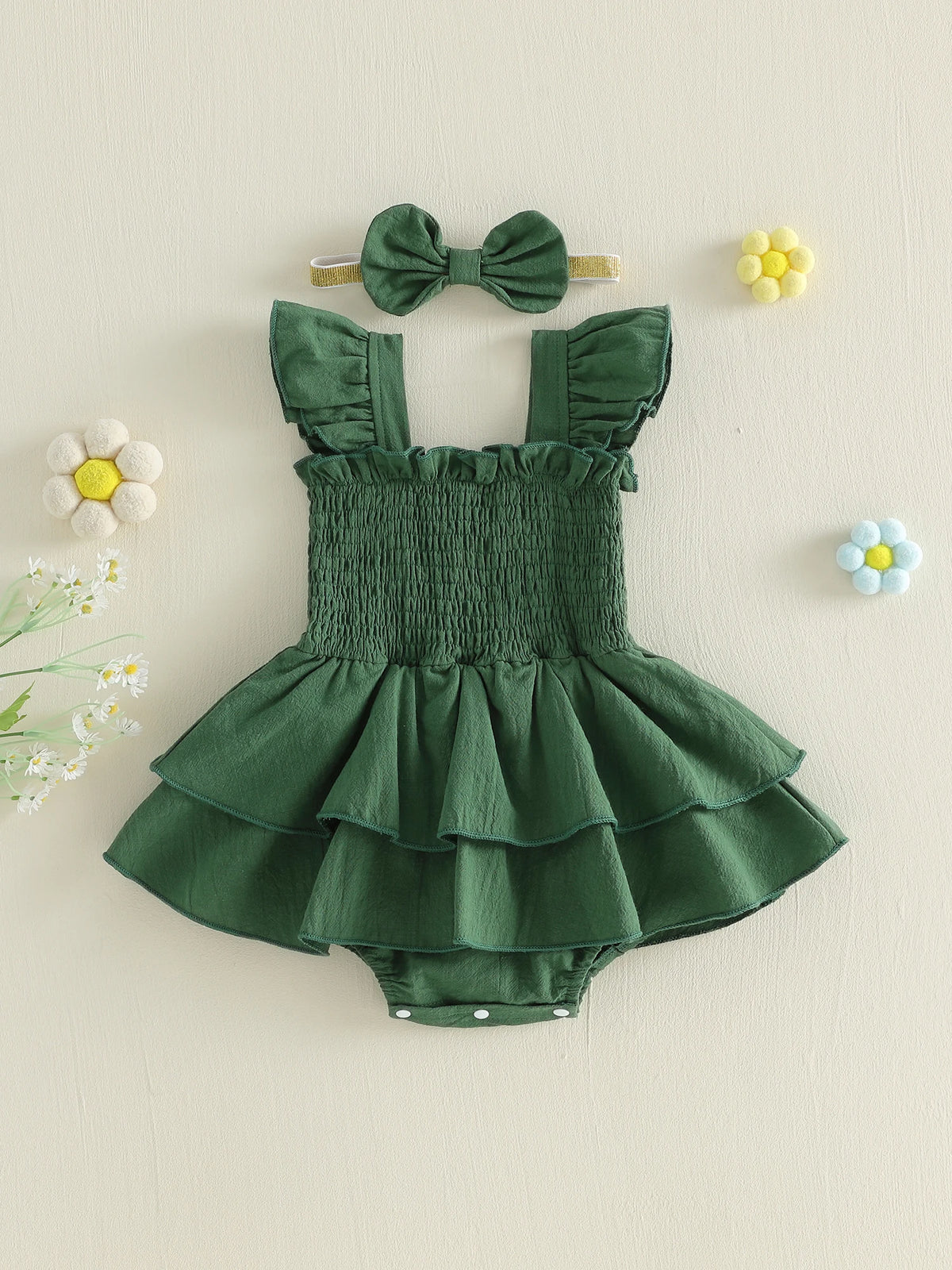 Tiered Baby Girl Romper Dress with Bow Headband, Smocked Cotton Blend Bodice and Flutter Straps, Solid Color Summer Outfit for 0-18 Months