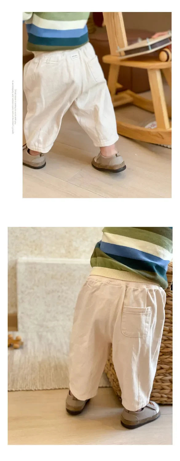 Toddler Pull-On Pants with Elastic Waist and Back Pocket, Solid Color Loose Ankle-Length Trousers for Boys and Girls, Sizes 12M-5T