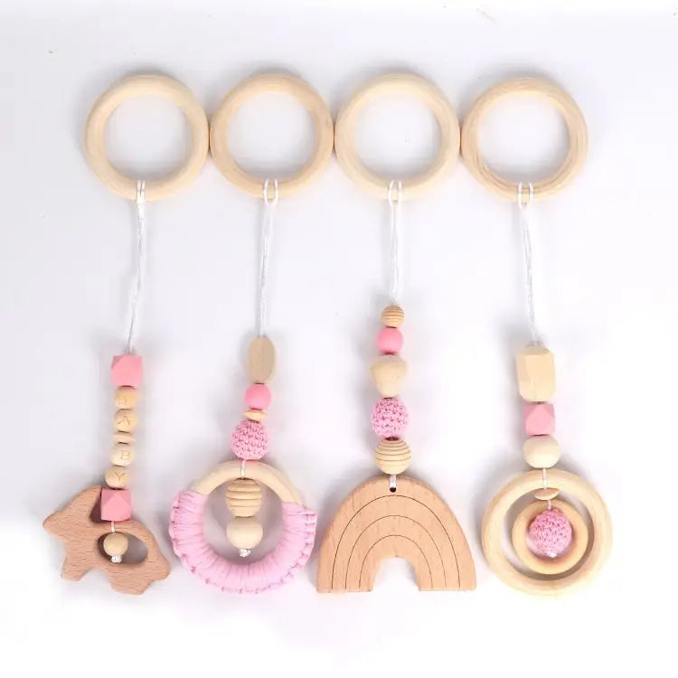 Beech Wood Baby Gym Toy Set, 4 Hanging Animal Pendants with Yarn Details and 5.8 cm Rings for Supervised Looking and Reaching, Frame Not Included