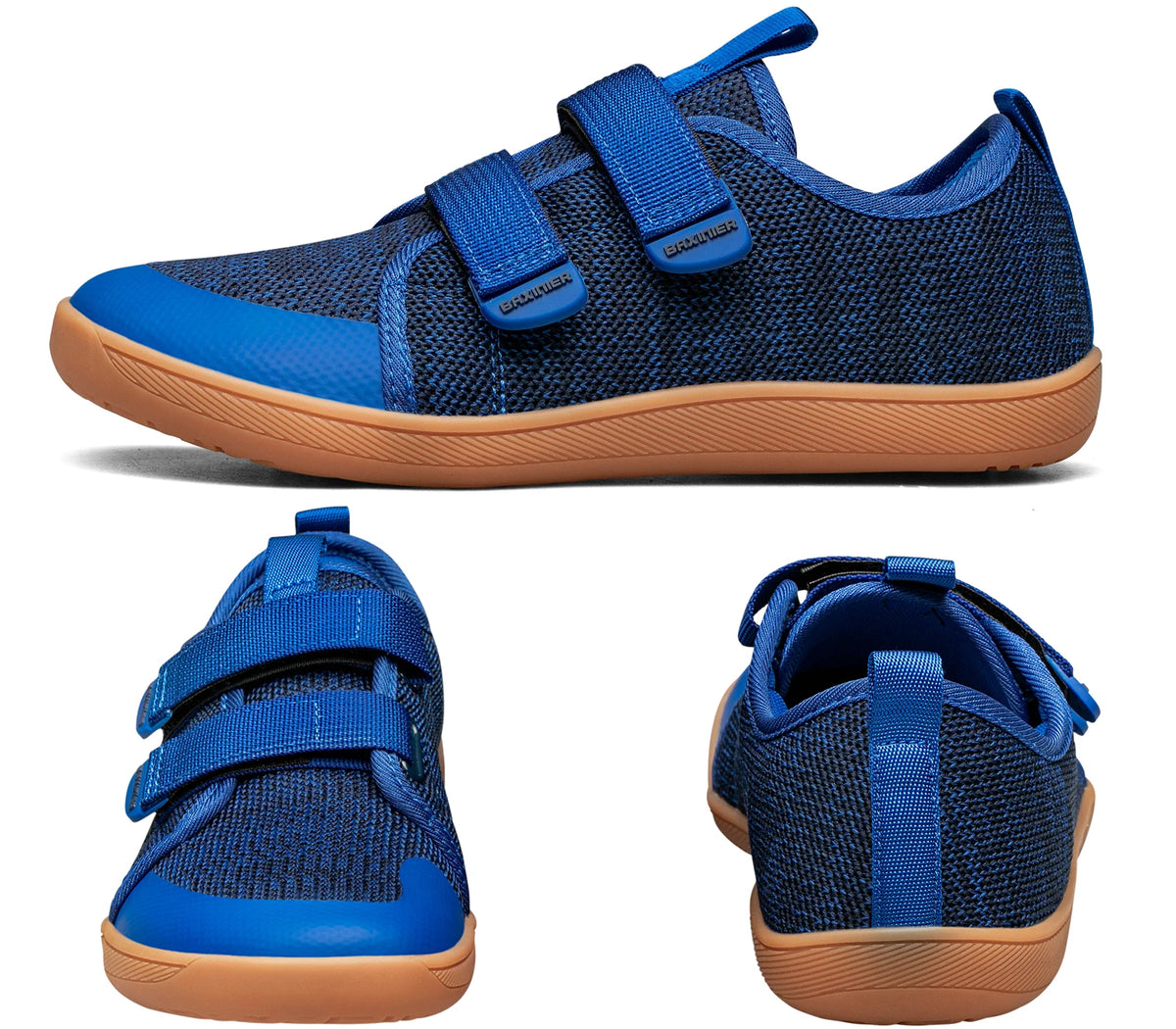 Kids Barefoot-Style Mesh Sneakers with Wide Toe and Double-Strap Fastening, Breathable Knitted Casual Walking Shoes in Gray, Black or Blue for Boys and Girls