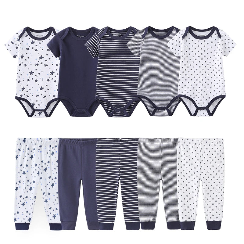 Baby Bodysuit and Pants Set, 10-Piece Kiddiezoom Infant Clothing Bundle with Short-Sleeve Tops for Boys and Girls, Sizes 3M-12M