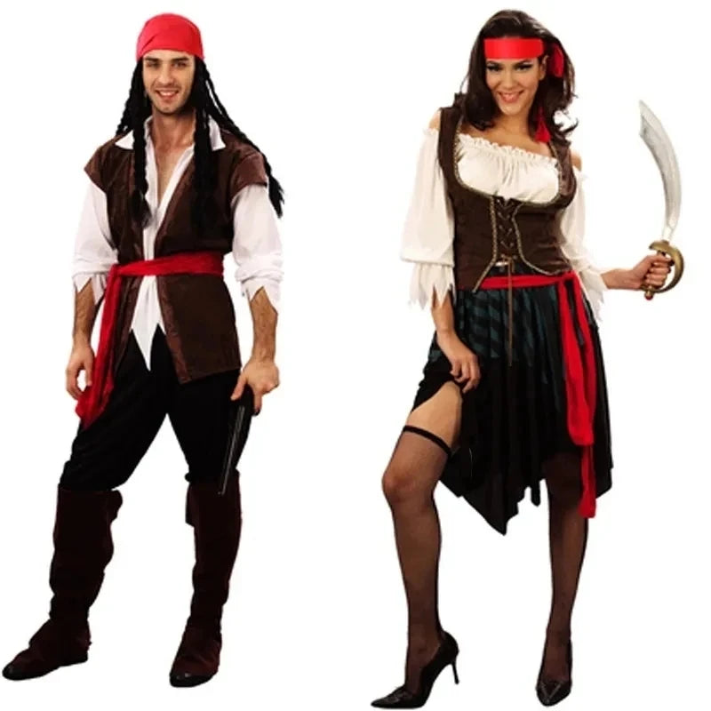 Pirate Captain Cosplay Outfit for Adults, Men’s Pants or Women’s Skirt Costume with Head Scarf and Vest for Halloween and Carnival