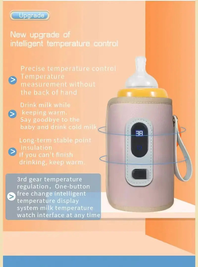 Baby Bottle Insulation Sleeve with LCD Display, Portable USB Milk Warming Cover with Carry Loop for Caregiver Use at Home and During Travel