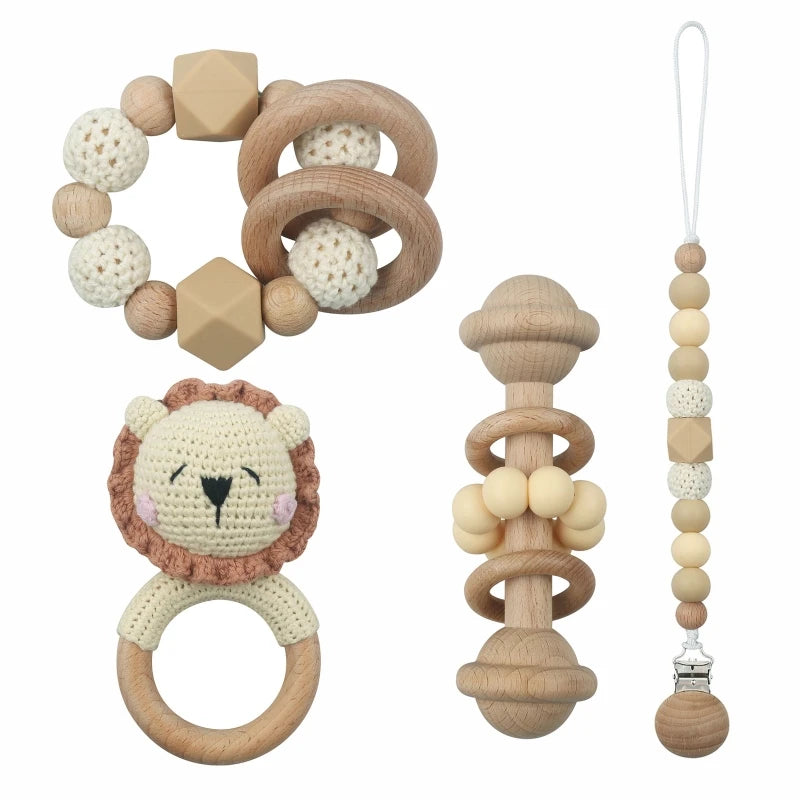 Crochet Animal Rattle Set with Wooden Ring and Coordinating Accessories, Rabbit, Deer and More Designs for Supervised Play and Baby Shower Gifts
