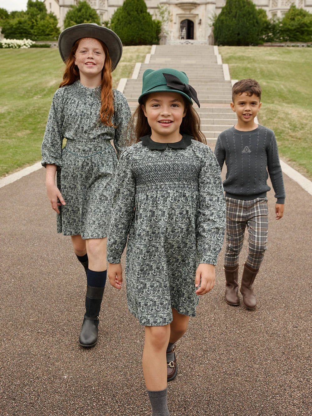 Forest Print Sibling Matching Outfits with Girls Cotton Smocked Dress Options, Boys Embroidered Knit Sweaters and Plaid Pants for Family Photos