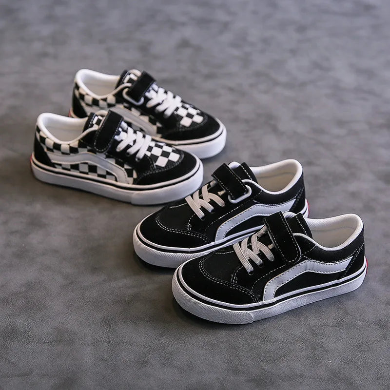 Kids Low-Top Canvas Shoes in Black and White with Hook-and-Loop Strap, Lace Detail and Contrast Side Stripe for Everyday Casual Outfits